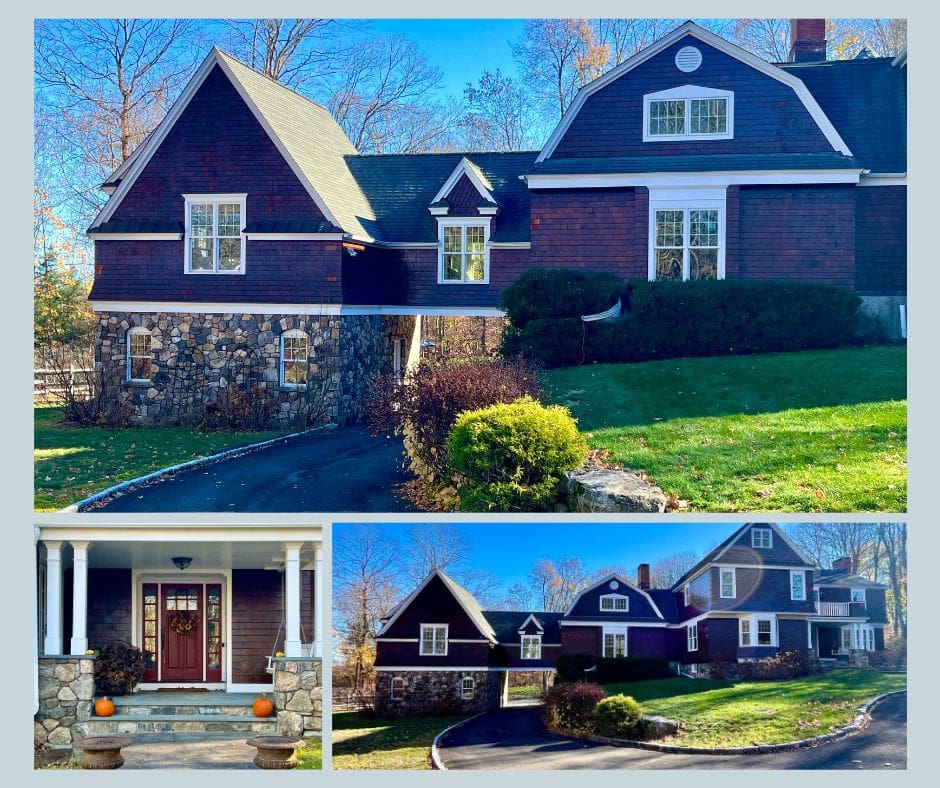 A collage of three different houses with trees in the background.