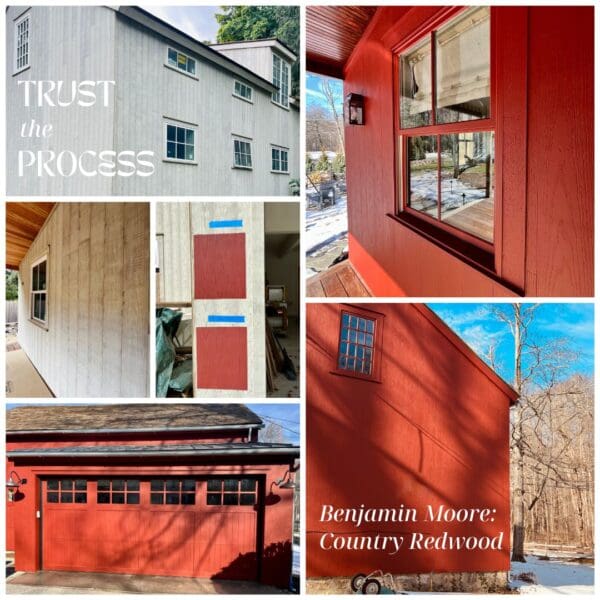 Home exterior painting progress with color samples.